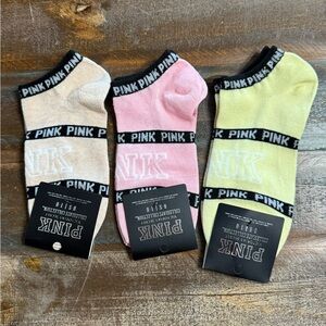 Victoria Secret Pink Collegiate Collection Socks NWT- Set of 3 Tan Pink Yellow